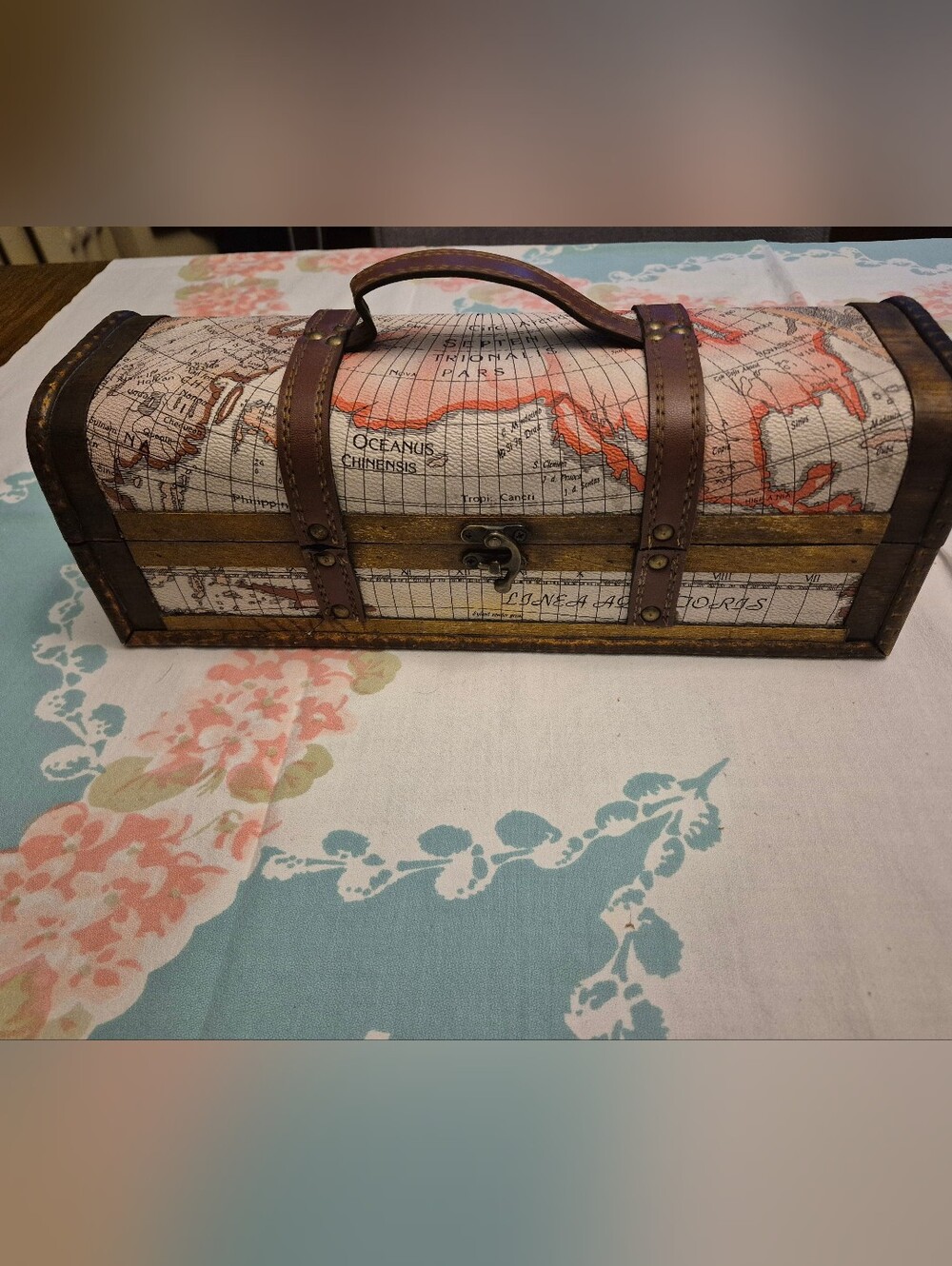 Source Unknown Brown/Tan Map Accent Trunk with Leather Straps